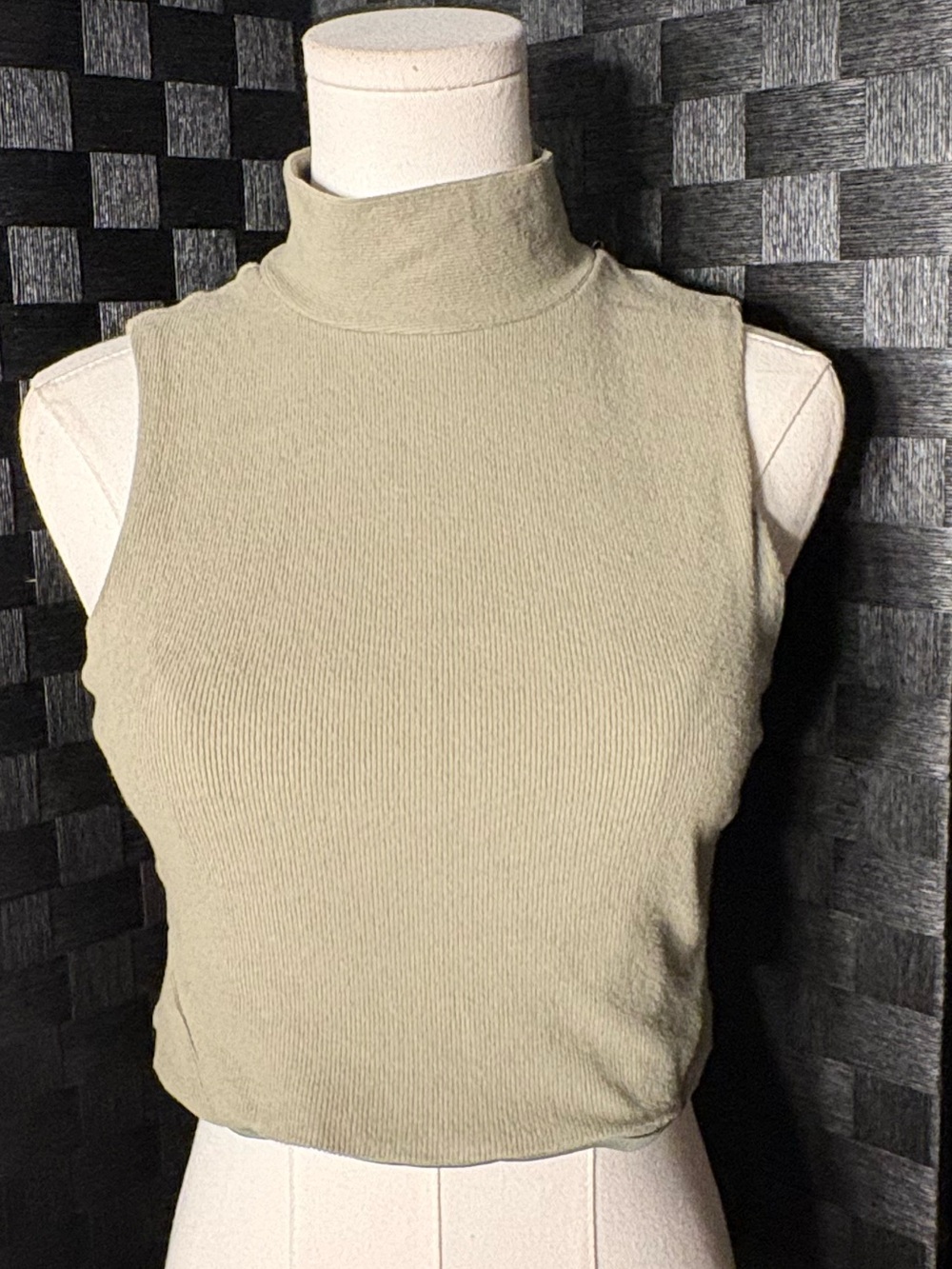 Lina Olive Green Mock Neck Ribbed Sleevless Lined Crop Top